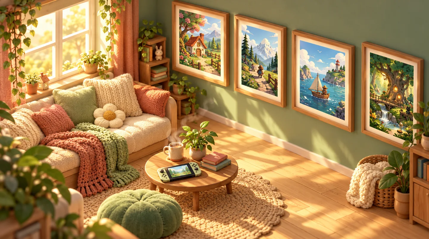 A sunny room with knitted blankets, plants, a handheld console, and illustrations of little imagined worlds.